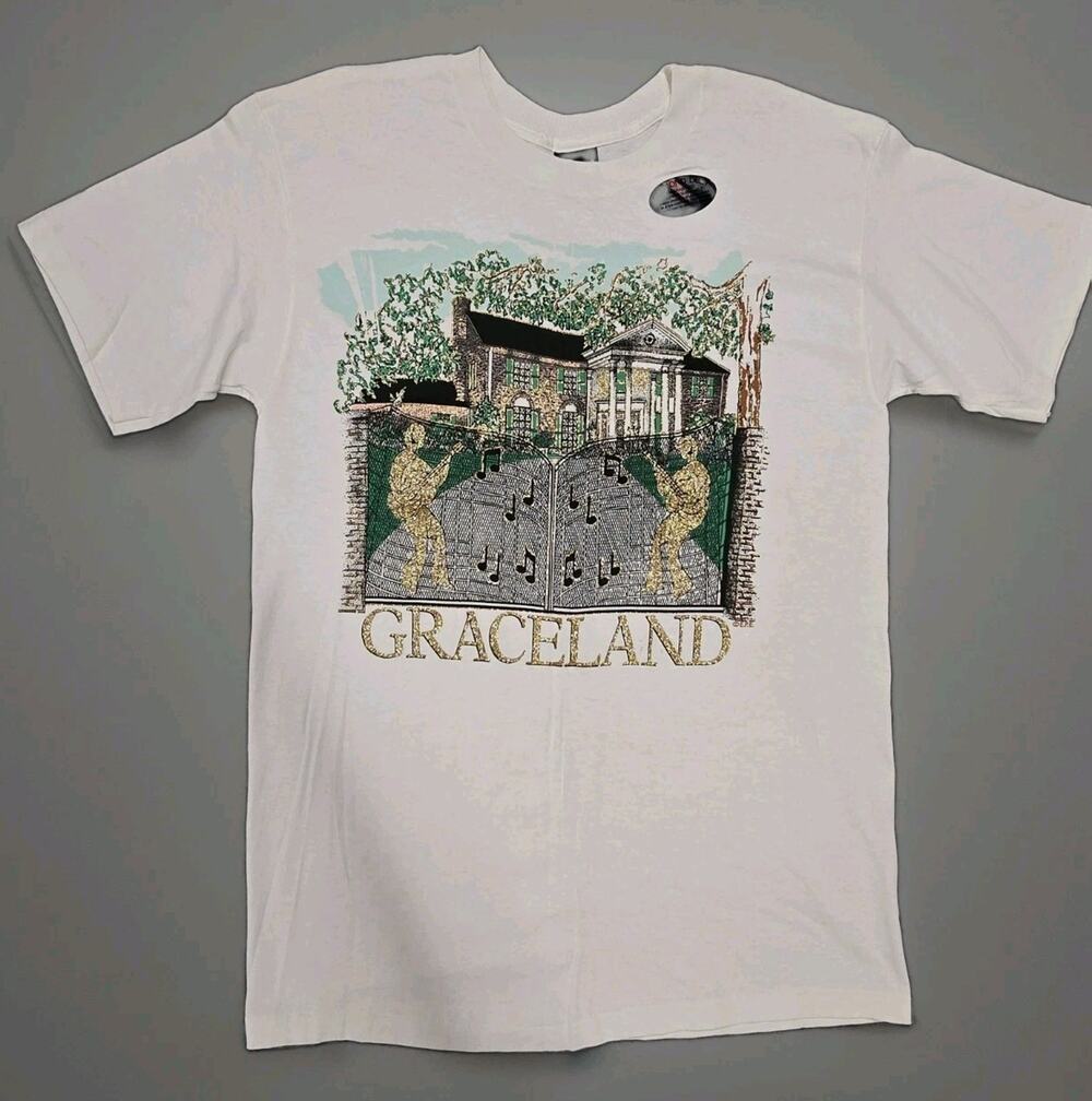 Vintage 90s Elvis Presley Graceland T-Shirt Diamond Dust Glitter Graphic Size M